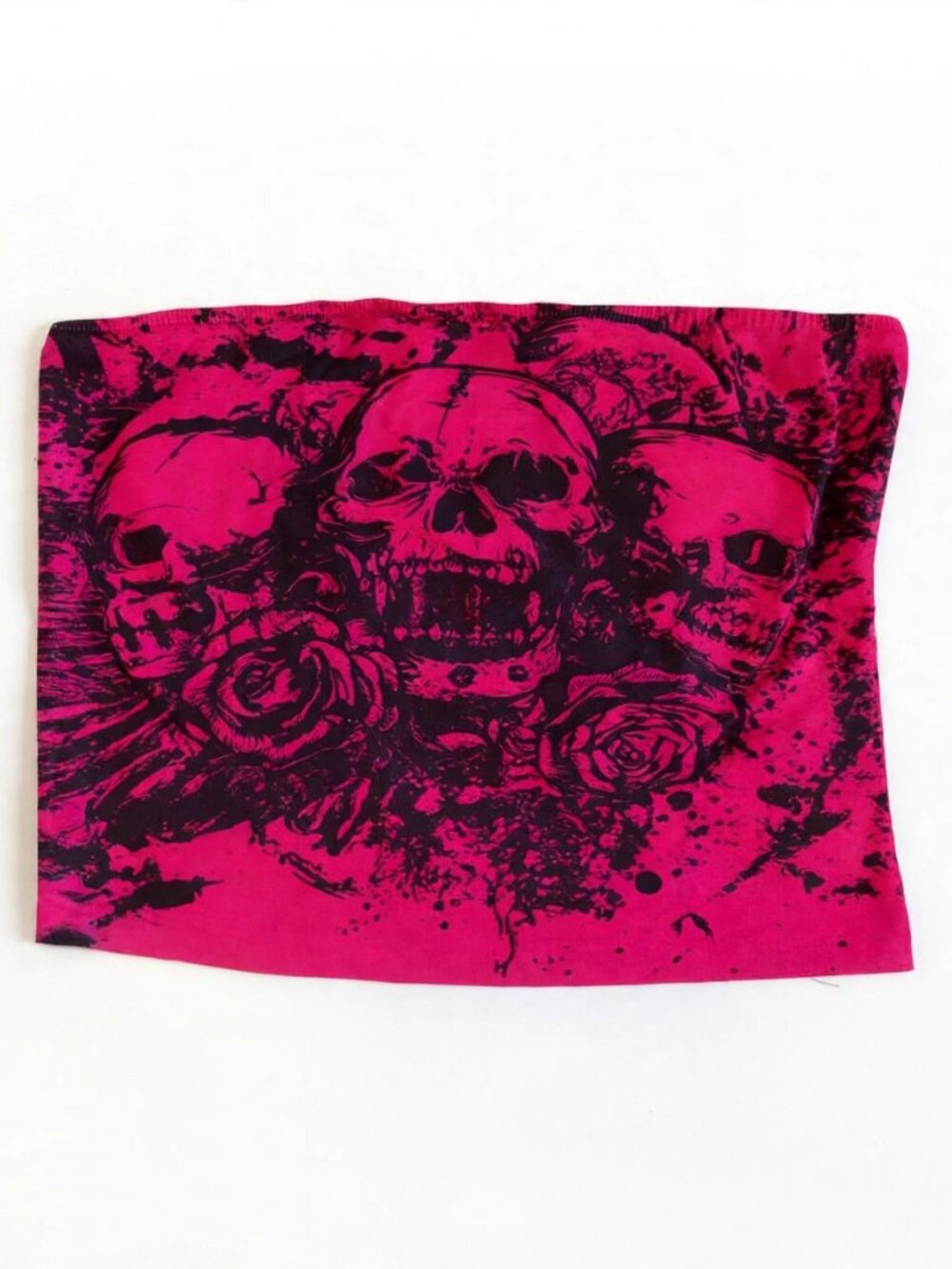 Y2K Grunge Skull Rose Tube Top - Hot Pink Goth Tattoo Graphic - S